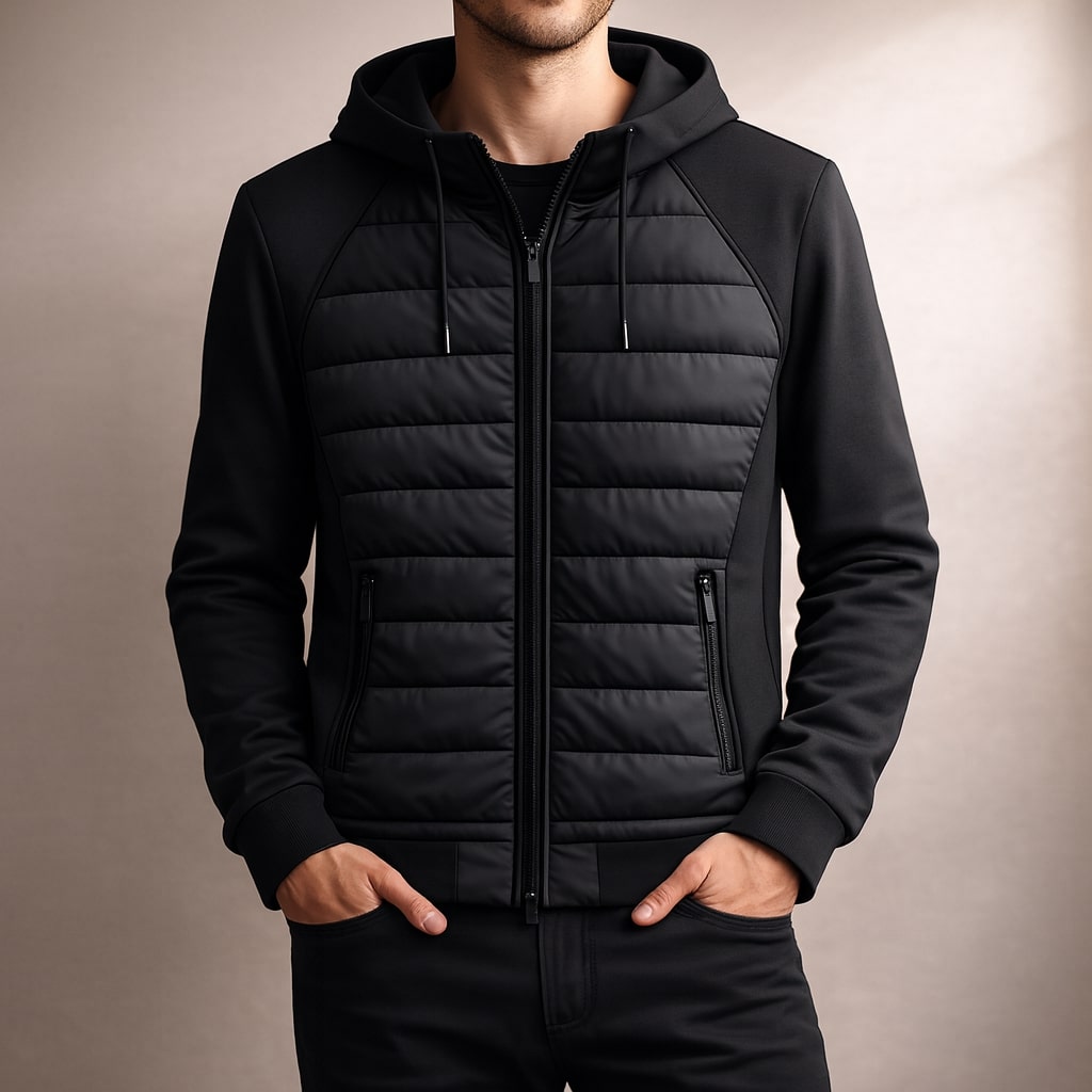 Men's black quilted zip-up hoodie with an adjustable hood for autumn