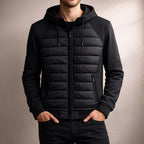 Men's black quilted zip-up hoodie with an adjustable hood for autumn