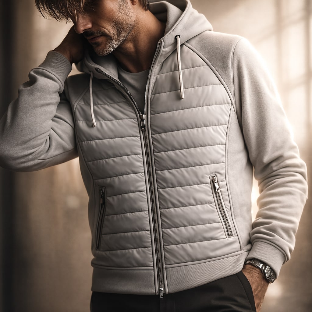 Men's black quilted zip-up hoodie with an adjustable hood for autumn