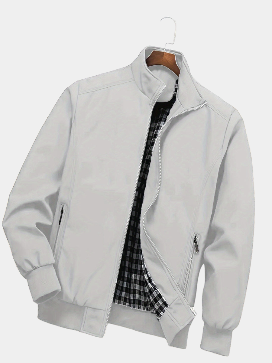 Grey regular-fit zip jacket with a stand collar, ideal for transitional layering.