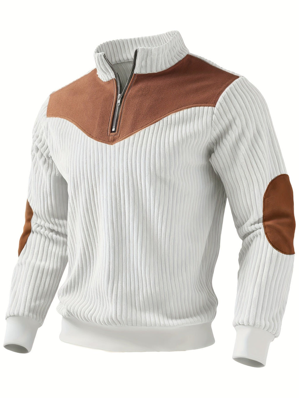 White ribbed half-zip sweatshirt for men, stand collar, autumn style