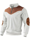 White ribbed half-zip sweatshirt for men, stand collar, autumn style