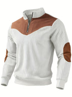 White ribbed half-zip sweatshirt for men, stand collar, autumn style