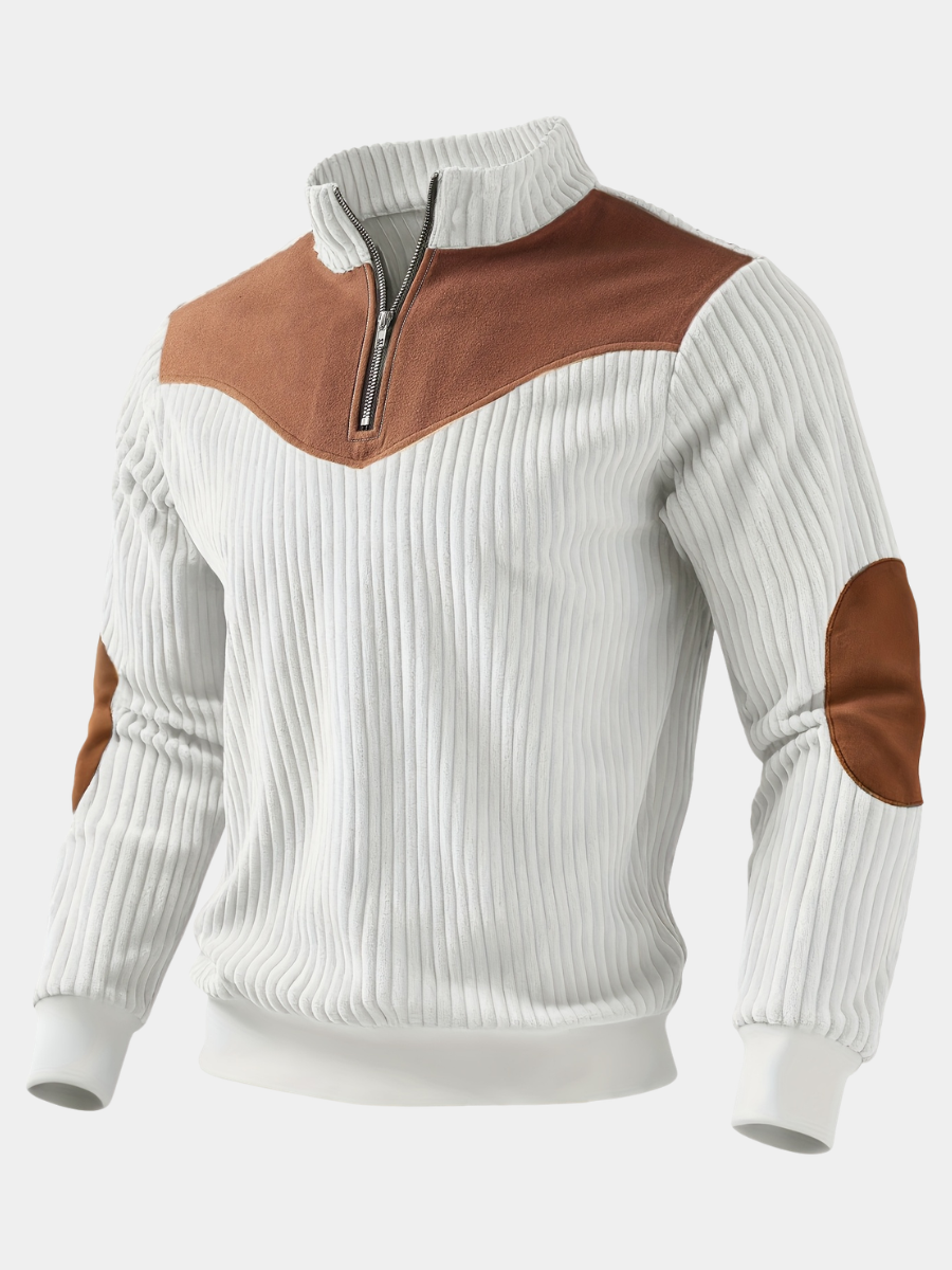 White ribbed half-zip sweatshirt for men, stand collar, autumn style