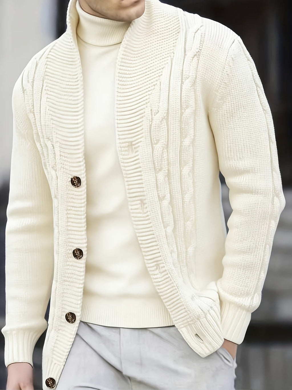 men's white ribbed knit jumper with a wide collar