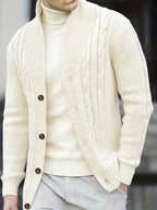 men's white ribbed knit jumper with a wide collar