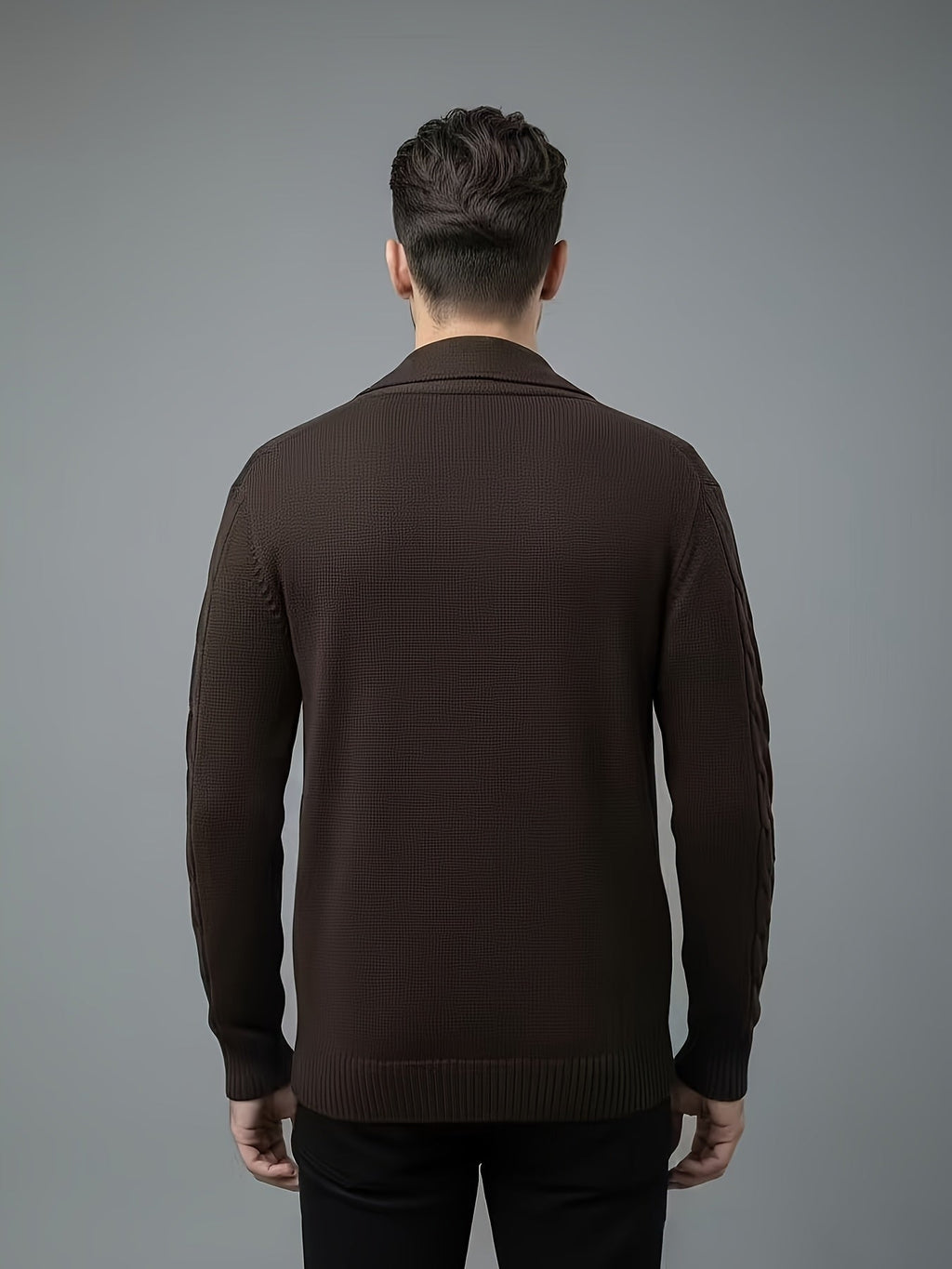 men's navy blue ribbed knit jumper with a wide collar