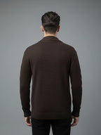 men's navy blue ribbed knit jumper with a wide collar