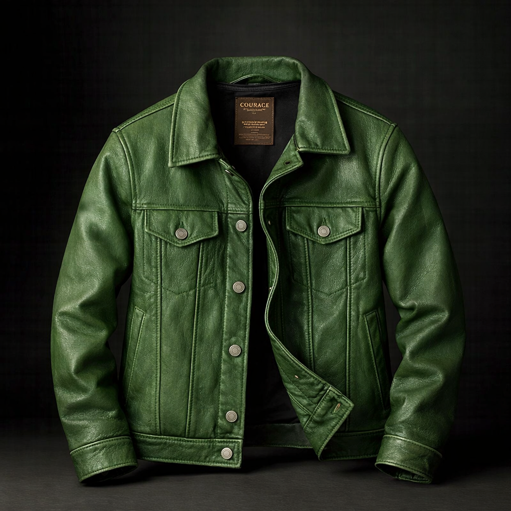 Green faux leather biker jacket for men, vintage style, zip pockets