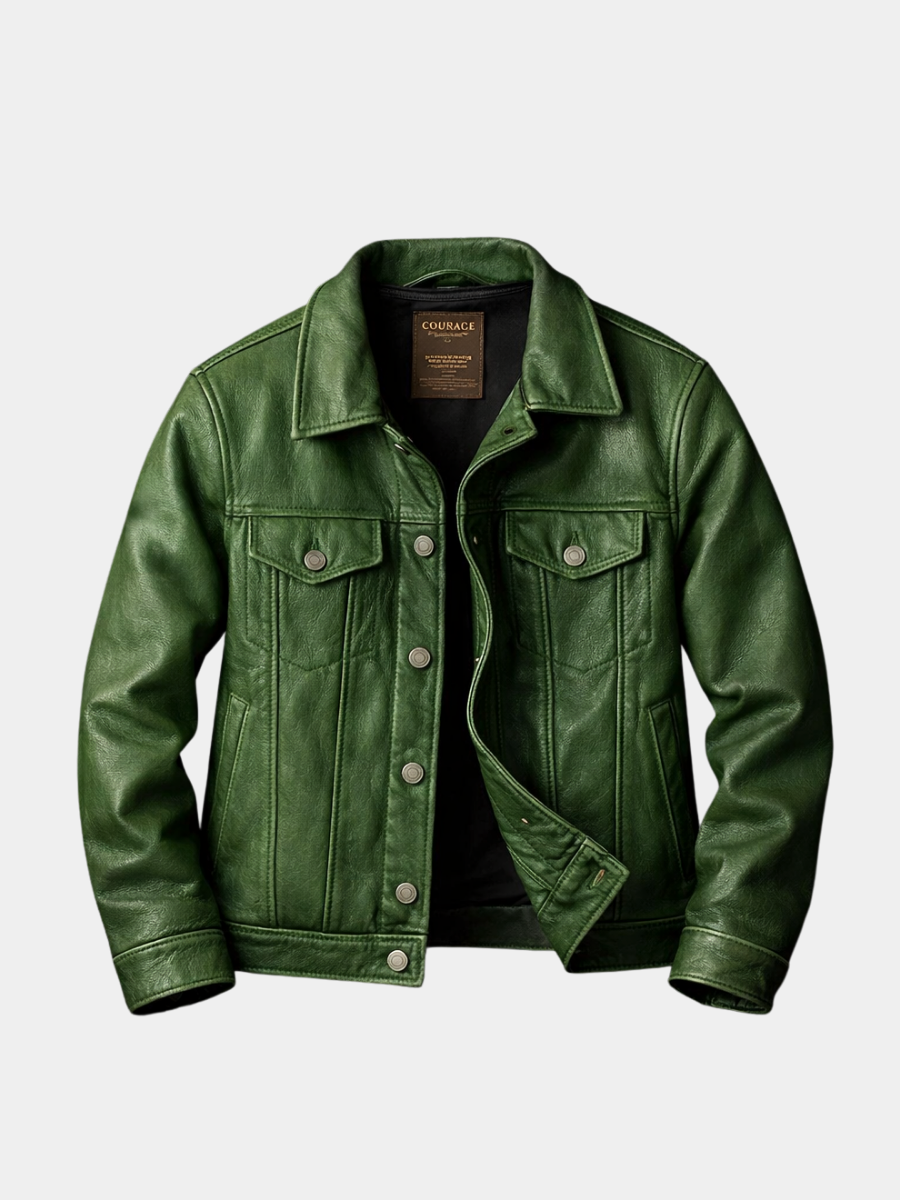 Green faux leather biker jacket for men, vintage style, zip pockets