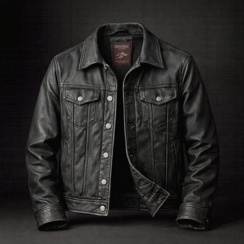 Black faux leather biker jacket for men, vintage style, zip pockets