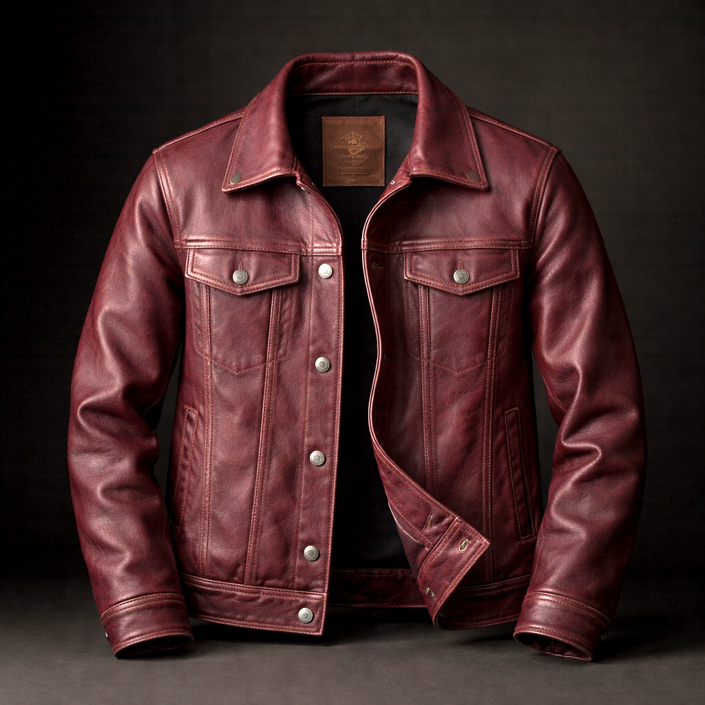 Burgundy faux leather biker jacket for men, vintage style, zip pockets
