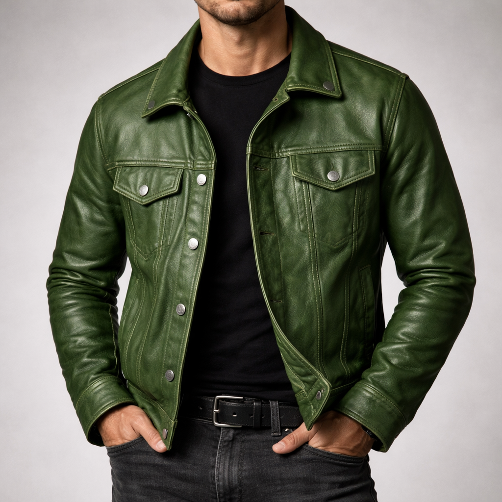 Burgundy faux leather biker jacket for men, vintage style, zip pockets