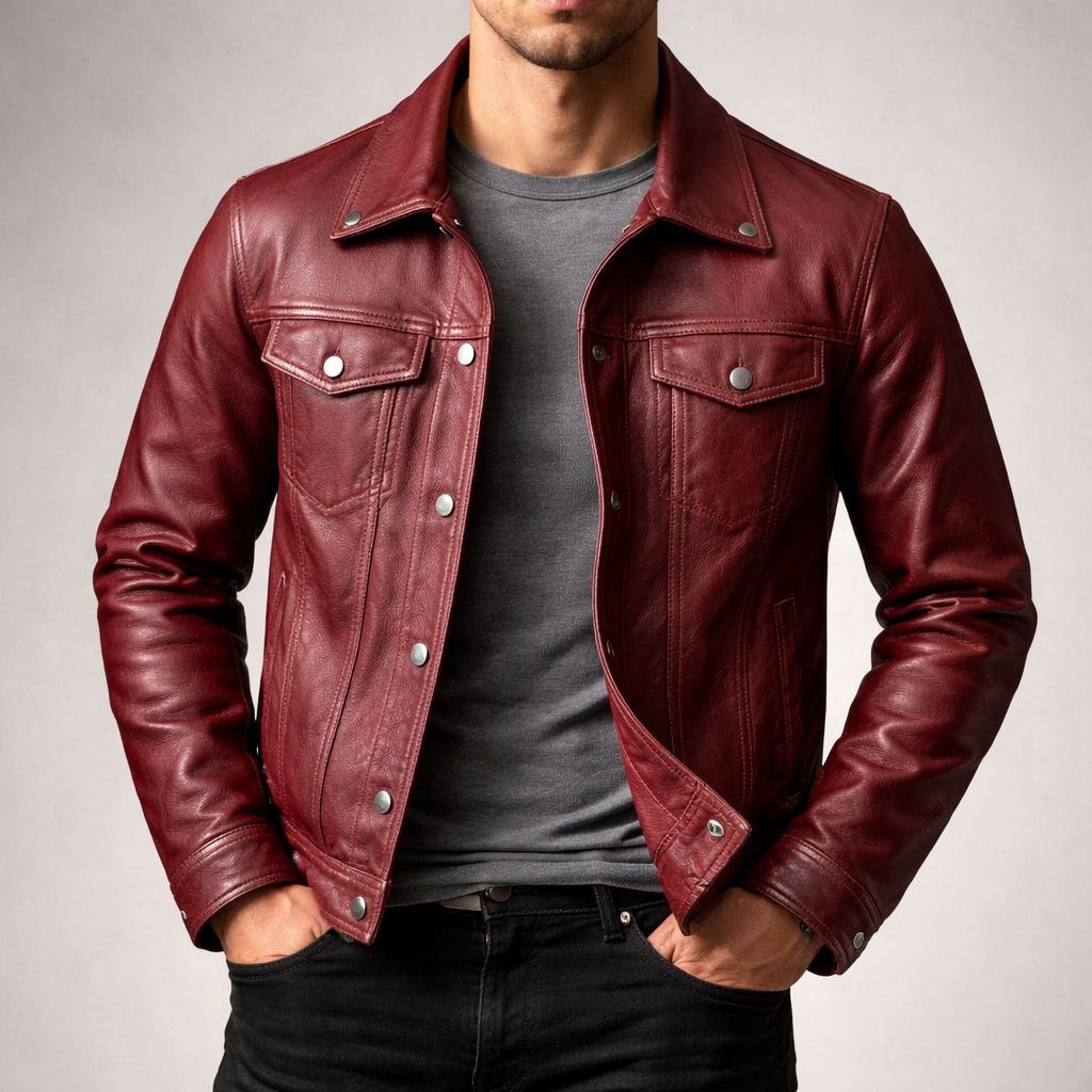 Burgundy faux leather biker jacket for men, vintage style, zip pockets