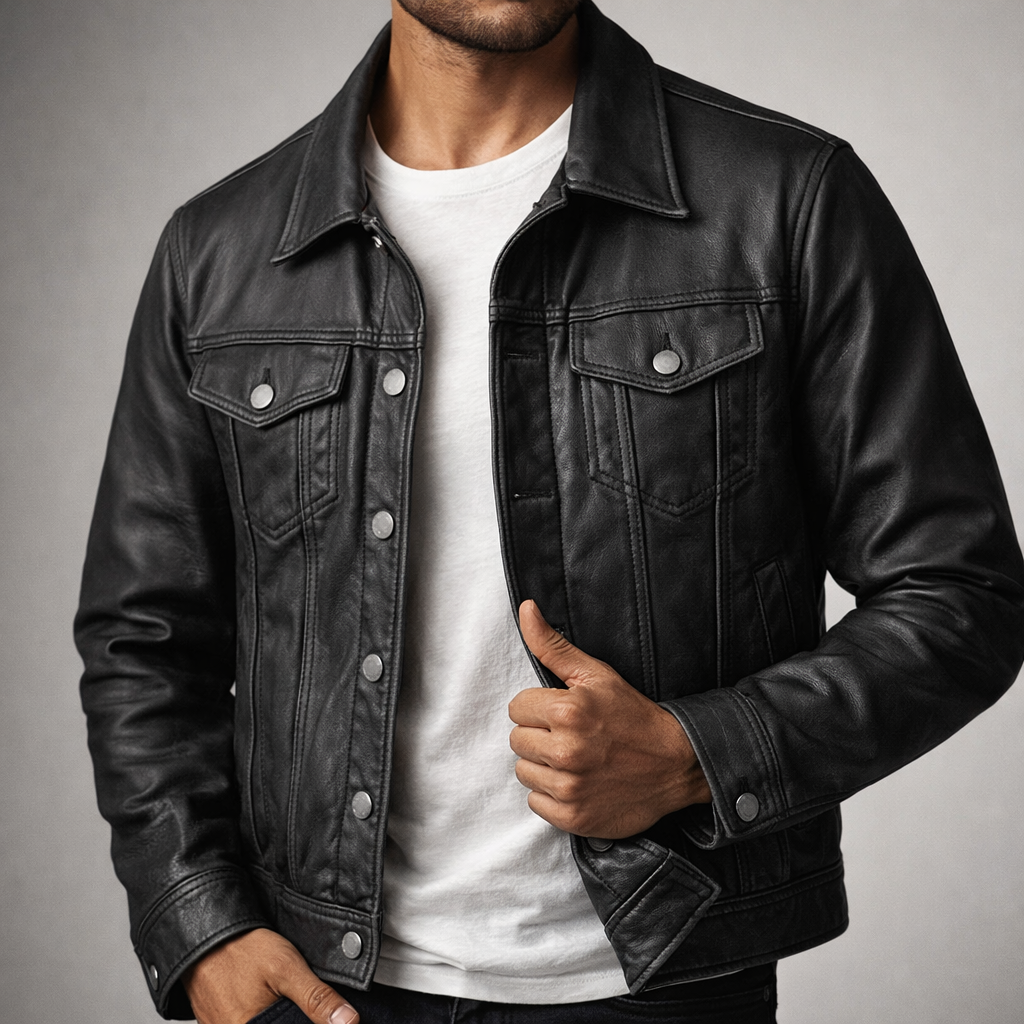 Burgundy faux leather biker jacket for men, vintage style, zip pockets