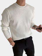 White regular-fit round neck knitted jumper with long sleeves for men