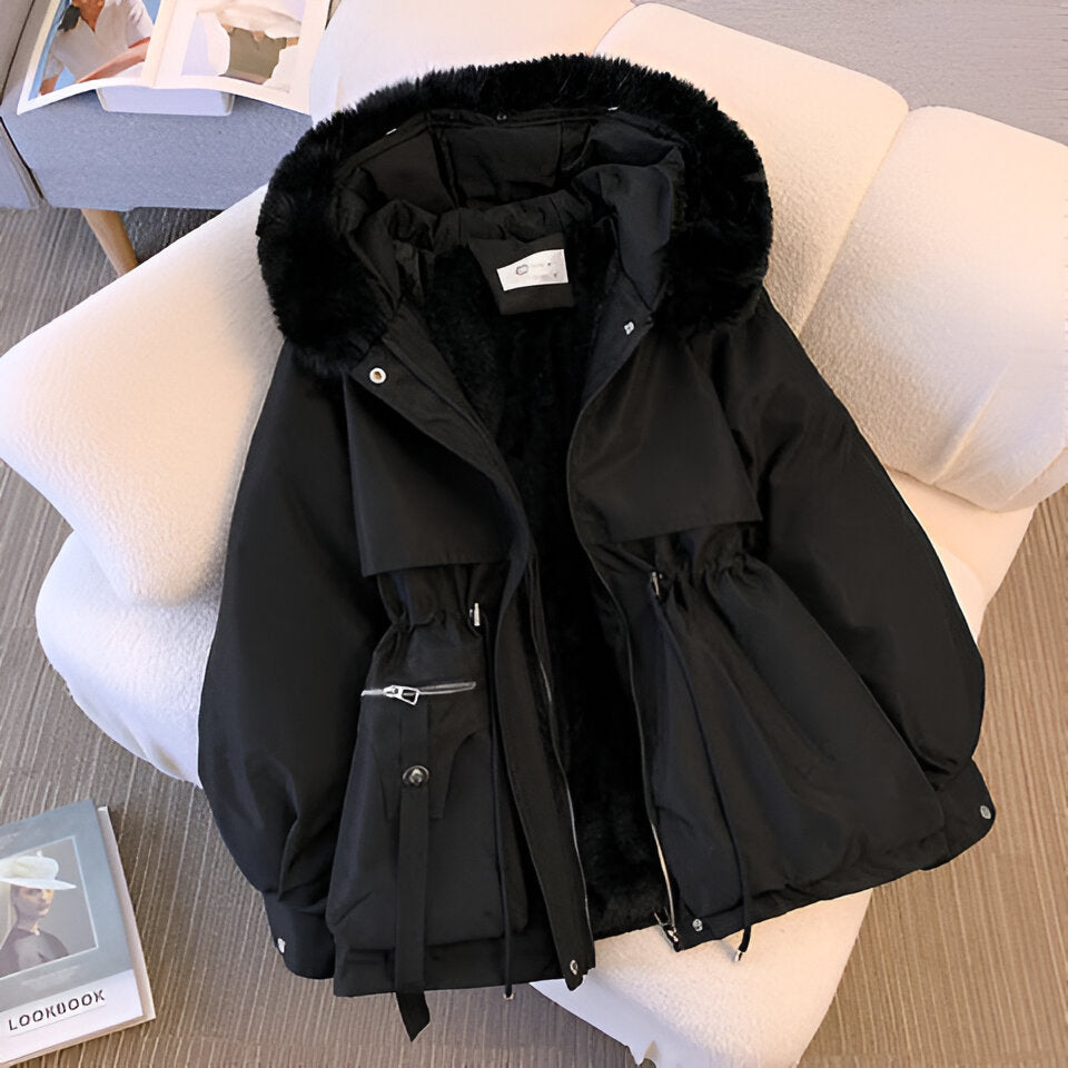 Black Casual drawstring waist winter coat for daily wear