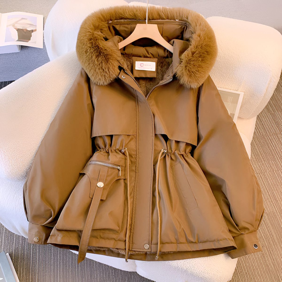 Coffee Casual drawstring waist winter coat for daily wear