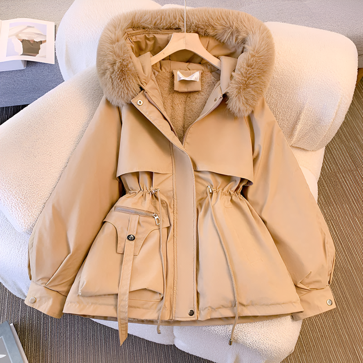 Khaki Casual drawstring waist winter coat for daily wear