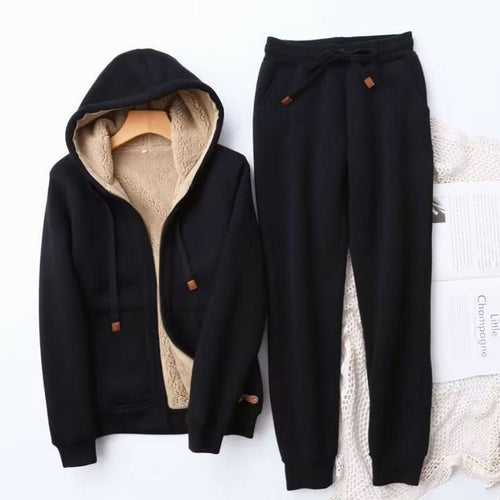 Black fleece-lined hooded tracksuit set with joggers, cosy loungewear for cold days.