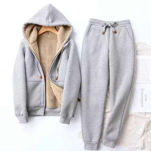 Grey fleece-lined hooded tracksuit set with joggers, soft loungewear co-ord.