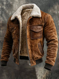 Brown sherpa-lined zip-up jacket for men with pockets, front view