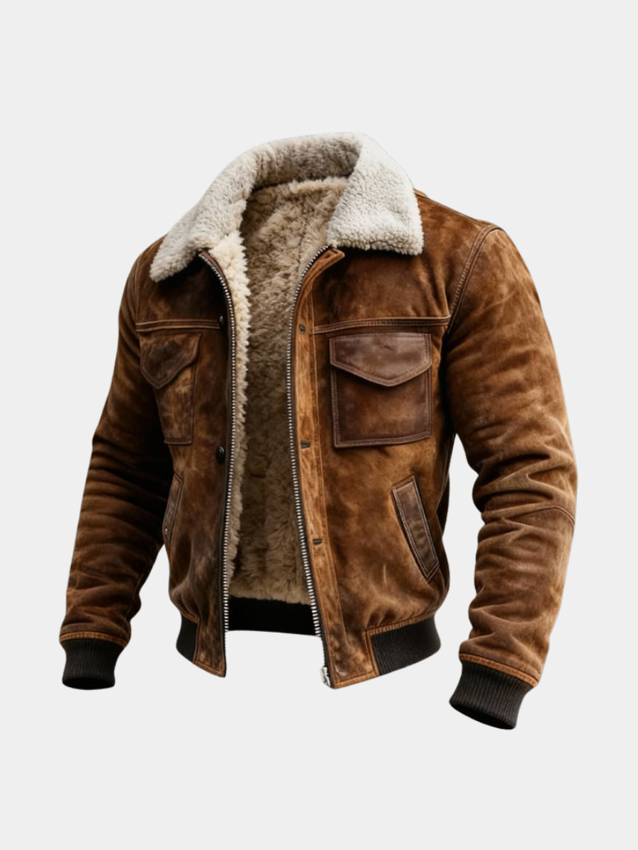 Brown sherpa-lined zip-up jacket for men, on hanger showing the lining