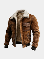Brown sherpa-lined zip-up jacket for men, on hanger showing the lining