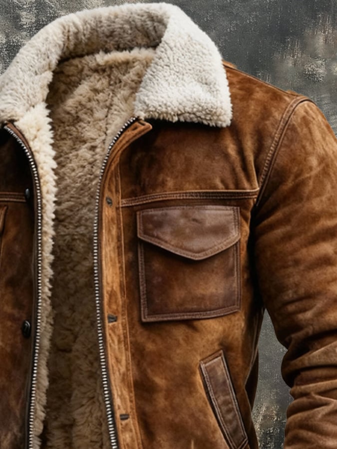 Brown sherpa-lined zip-up jacket for men with pockets, close-up detail