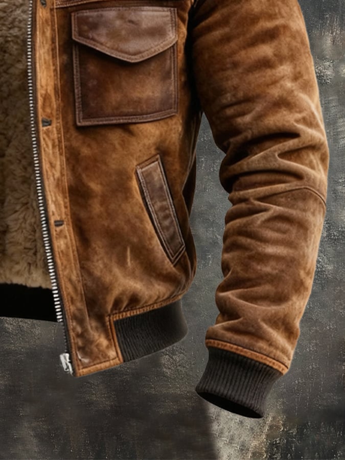Brown sherpa-lined zip-up jacket for men with pockets, side view