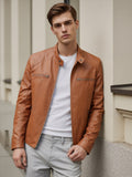 Men's stand-collar cotton autumn jacket in brown with zip pockets.