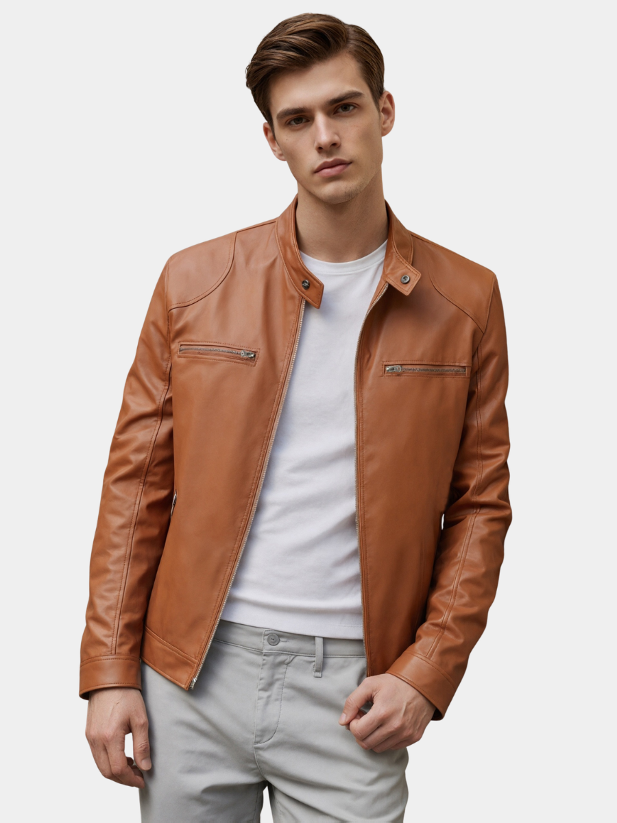 Stand-collar autumn jacket for men in cotton with zip pockets.