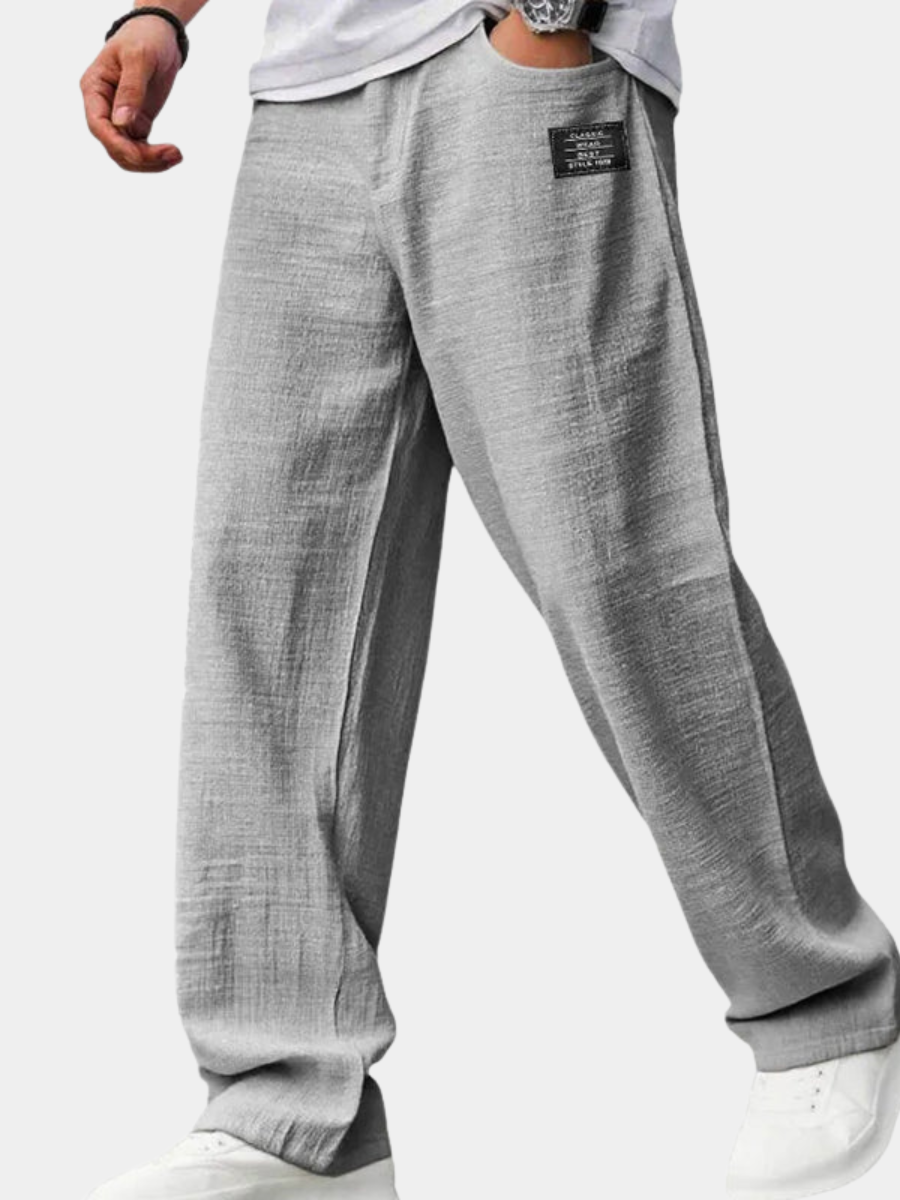 men's grey lightweight straight leg trousers in a relaxed fit