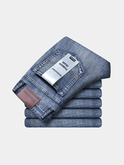 Blue stretch straight-fit jeans for men, folded showing the back pocket