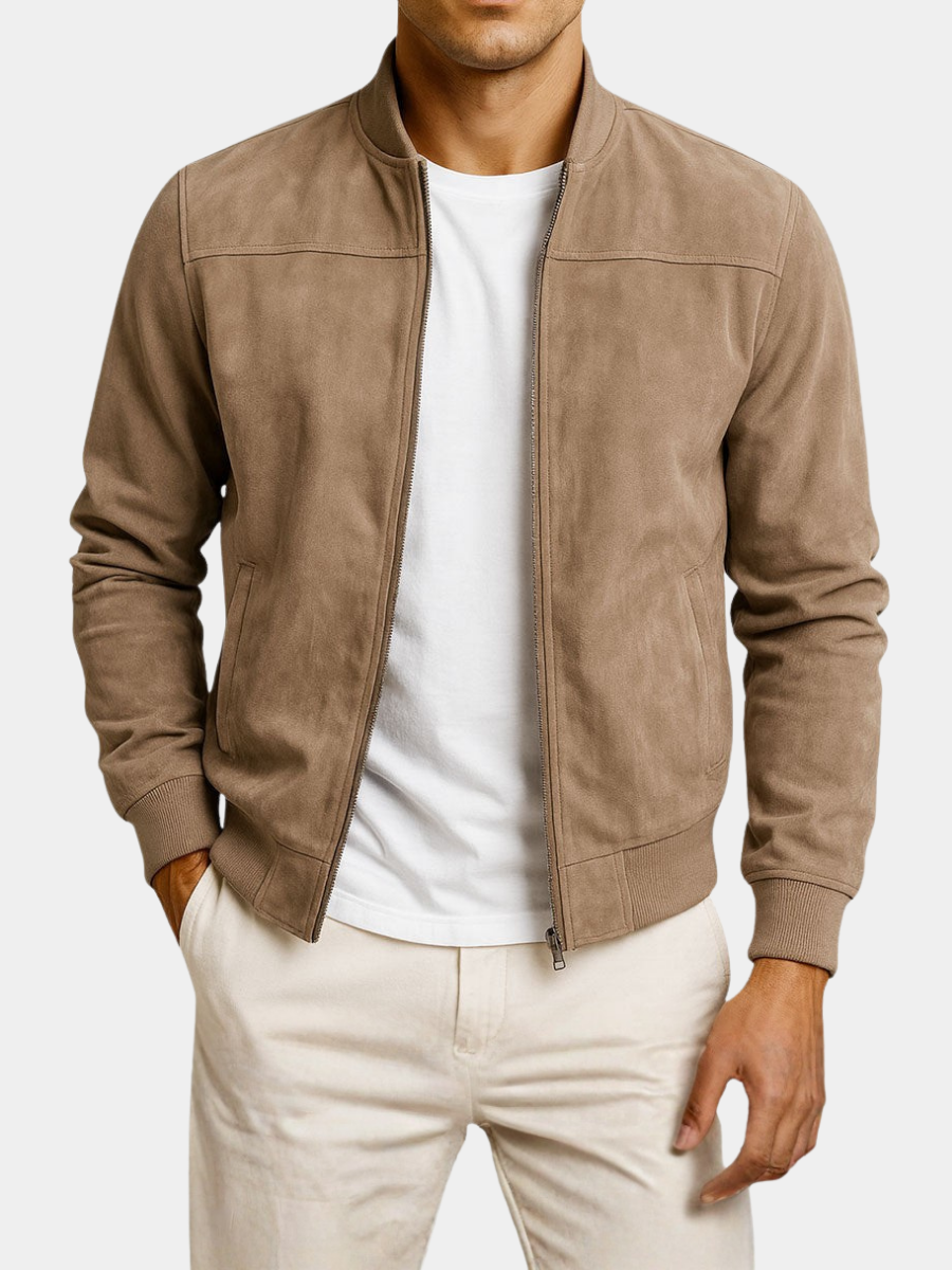 Men's suede-effect jacket in brown, close-up front view