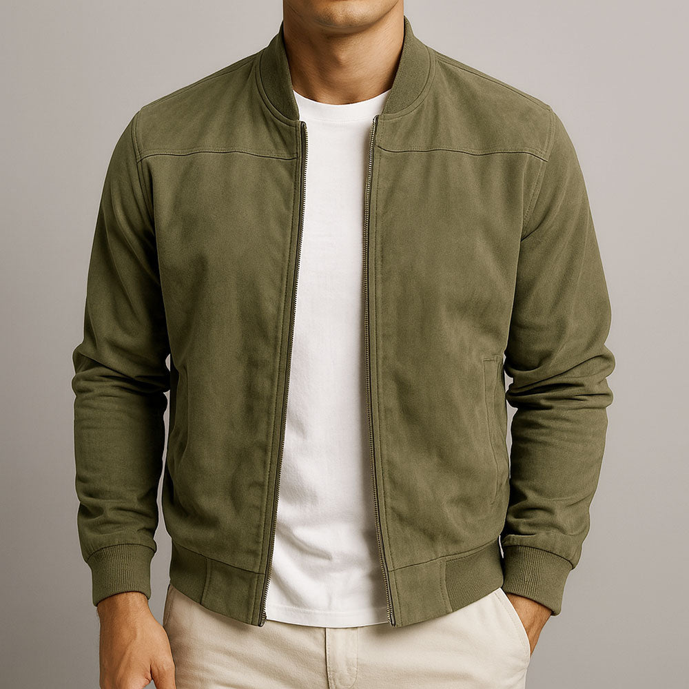 Men's suede-effect jacket in army green with structured shoulders