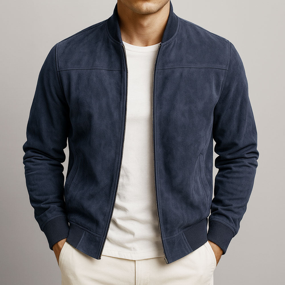 Men's suede-effect jacket in navy blue with structured shoulders