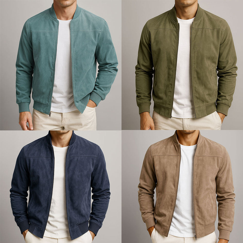 Men's suede-effect jacket in four colourways: sage, olive, navy and tan