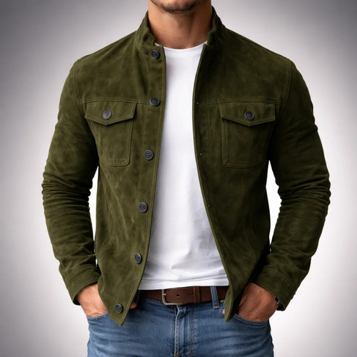 Army green structured suede overshirt with chest pockets for men