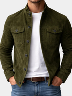 Army green structured suede overshirt with chest pockets for men