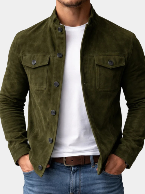 Army green structured suede overshirt with chest pockets for men