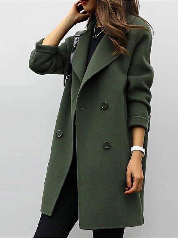Olive Green Double-breasted longline winter coat for cold days