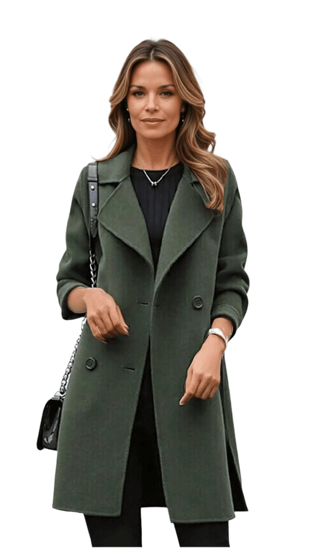Olive Green Double-breasted longline winter coat for cold days, product photo