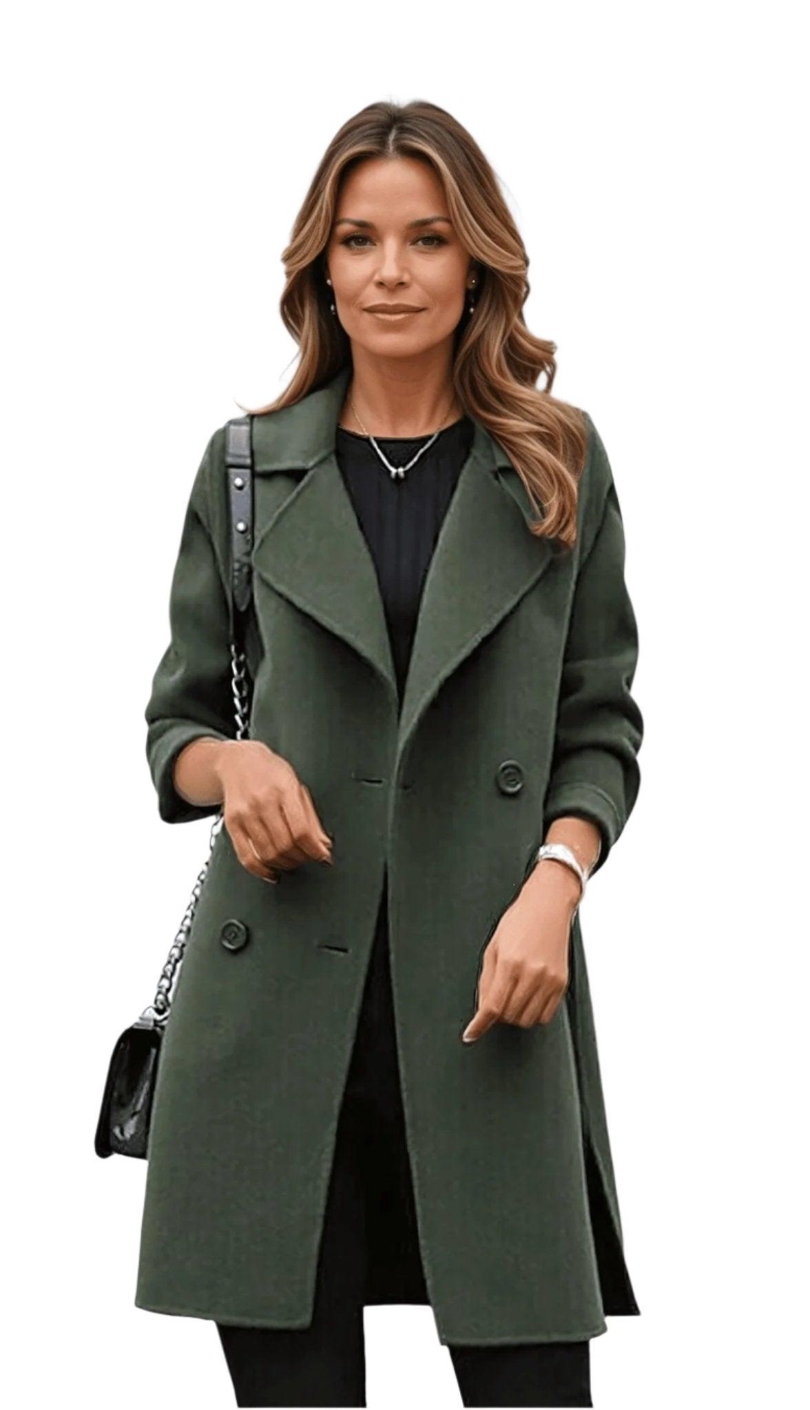 Olive Green Double-breasted longline winter coat for cold days, product photo