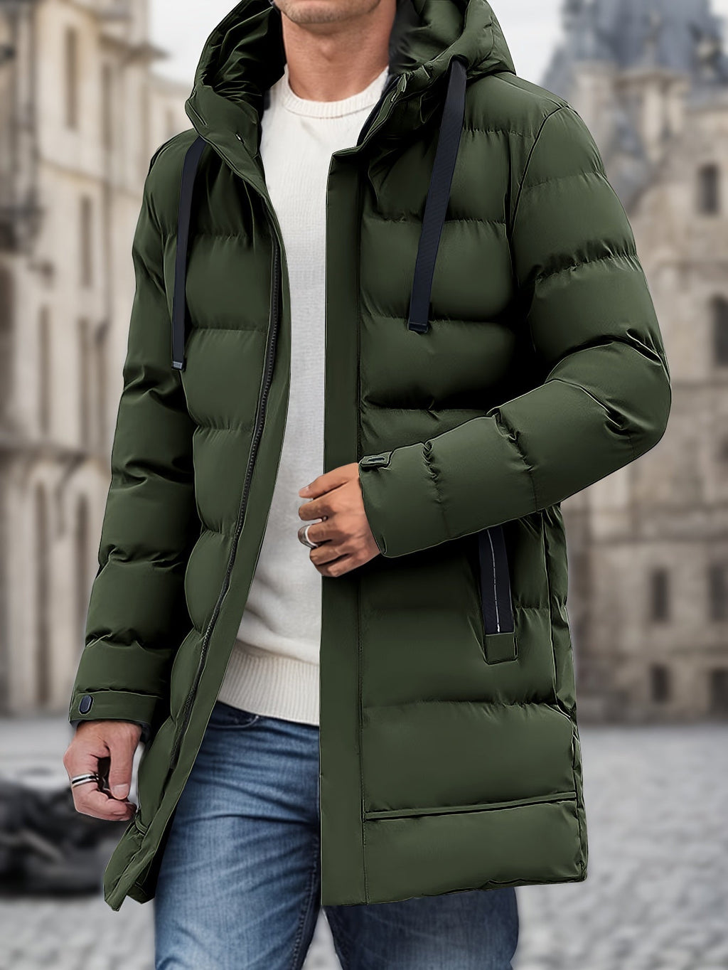 Product photo of the black hooded long puffer jacket with padded winter coat