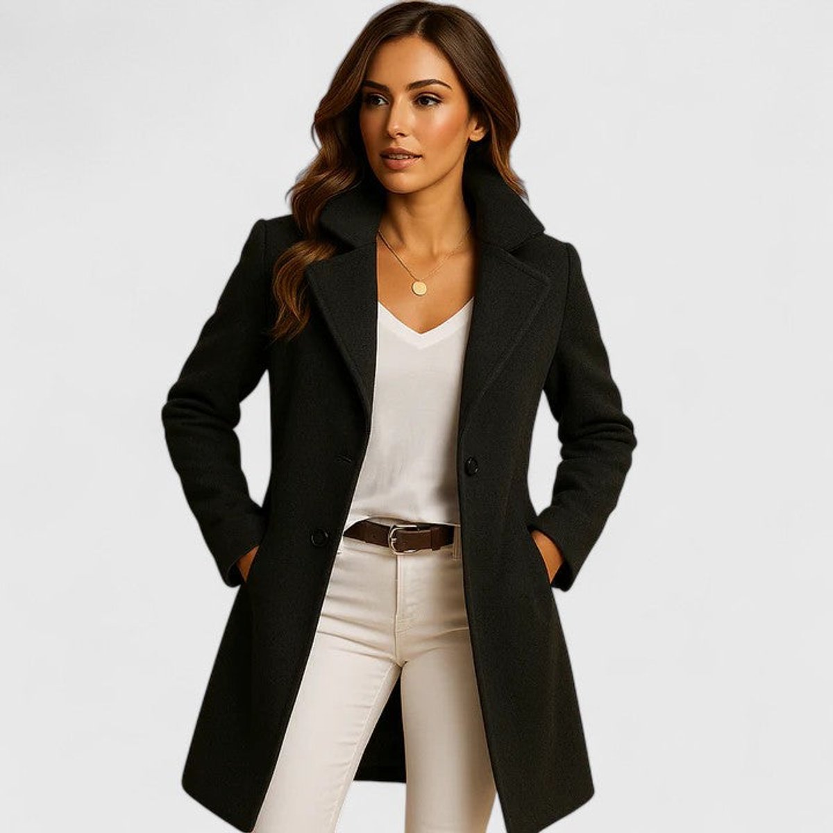 Black Notch lapel slim fit long coat with button-up overcoat