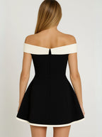 Black Off-shoulder sweetheart fit-and-flare evening dress, styled product photo