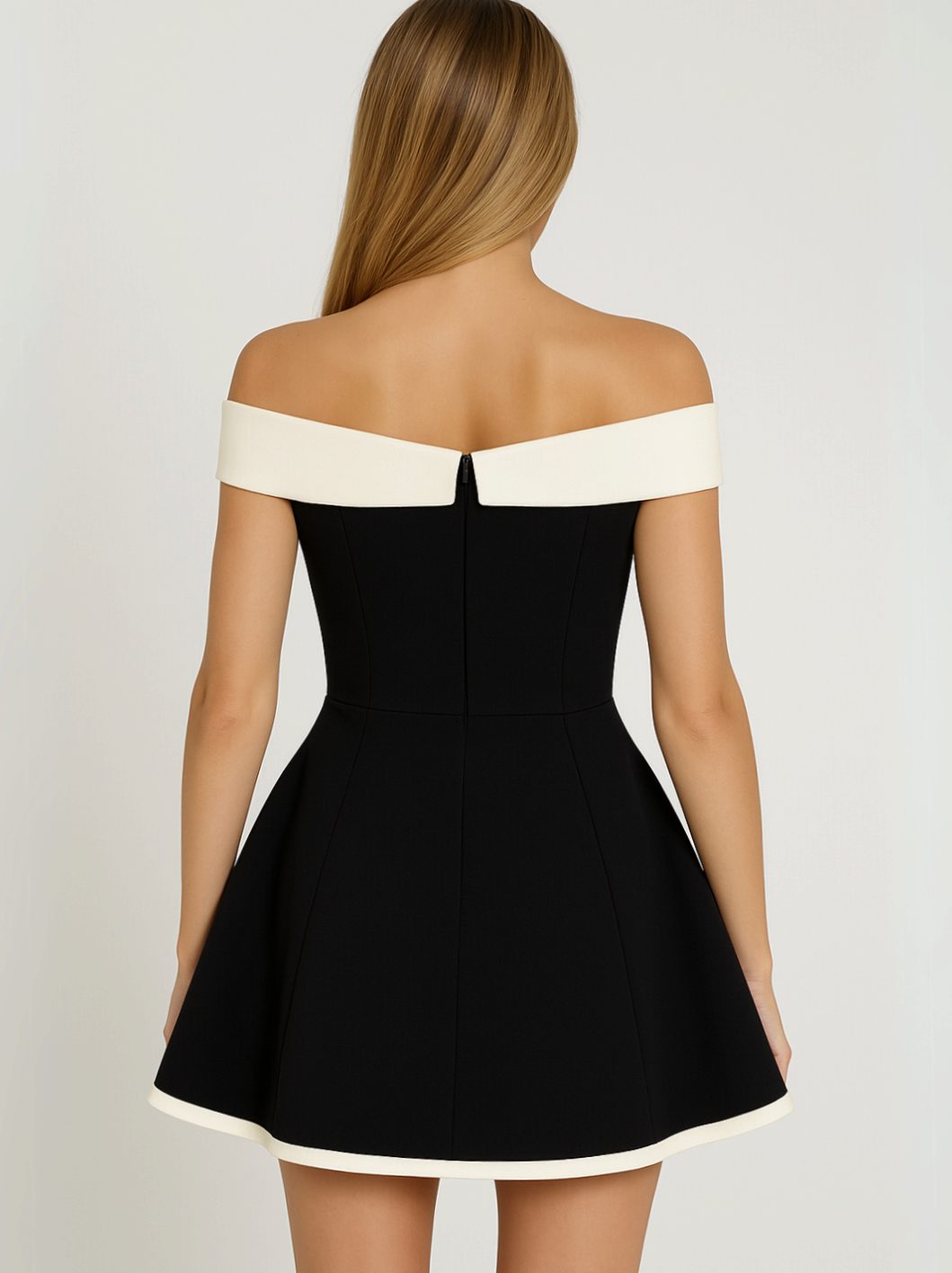 Black Off-shoulder sweetheart fit-and-flare evening dress, styled product photo