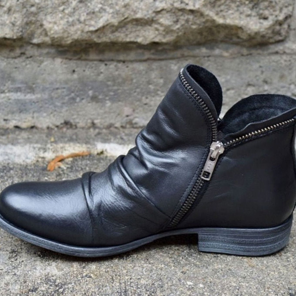 Black Ruched side-zip leather ankle boots for autumn