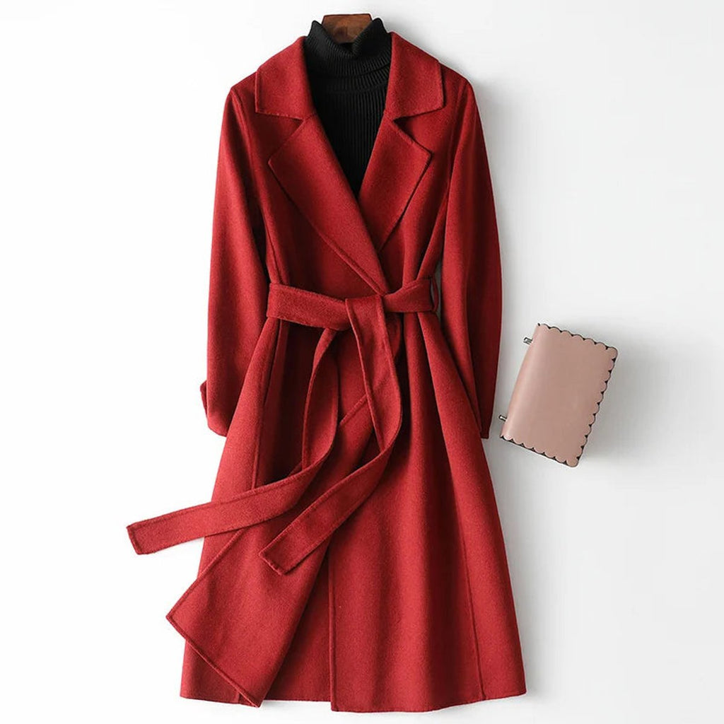 Burgundy Belted wrap a-line long winter coat for cold days